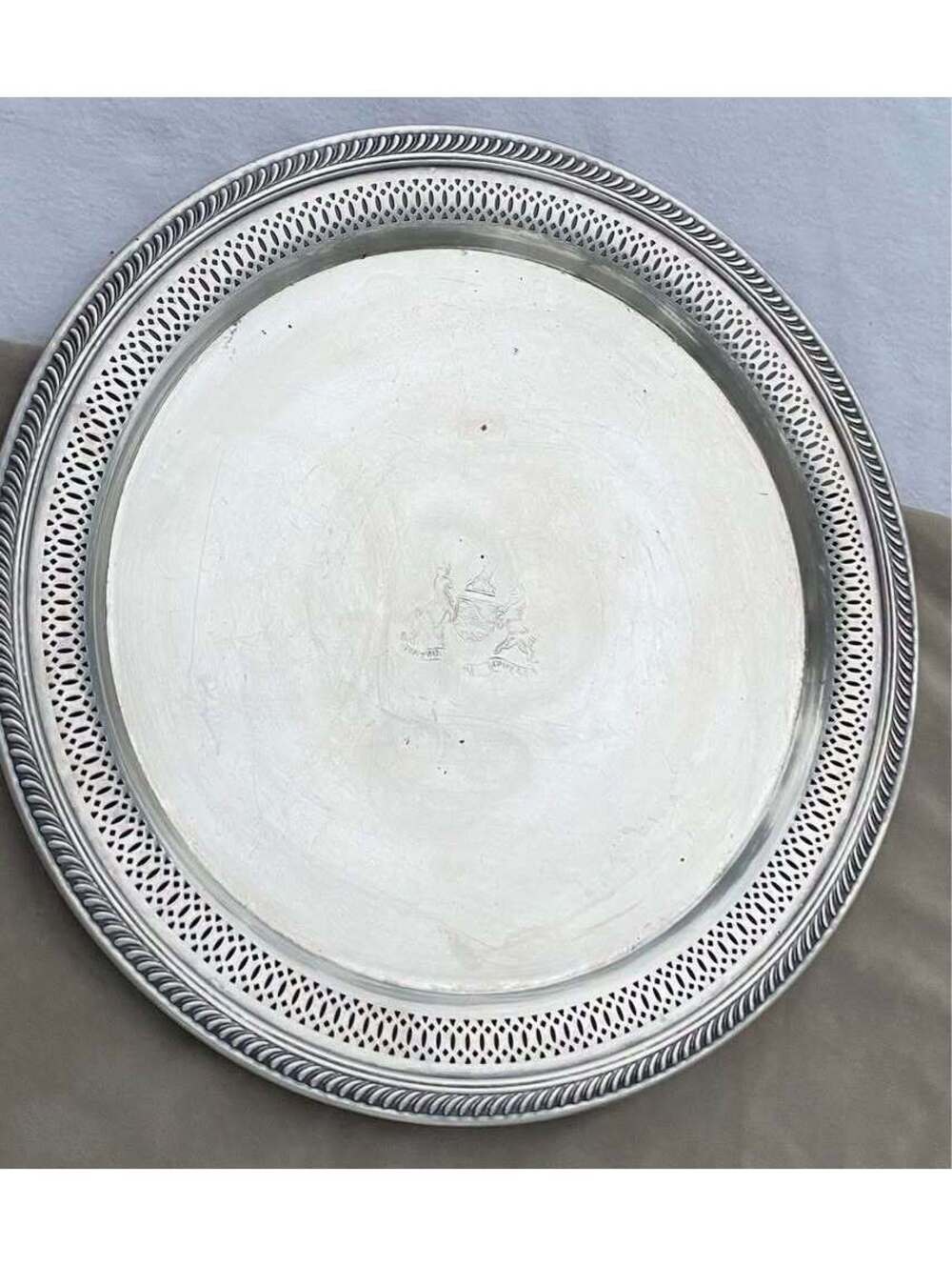 Vintage Silver-Plated Gallery Tray with Engraved Crest